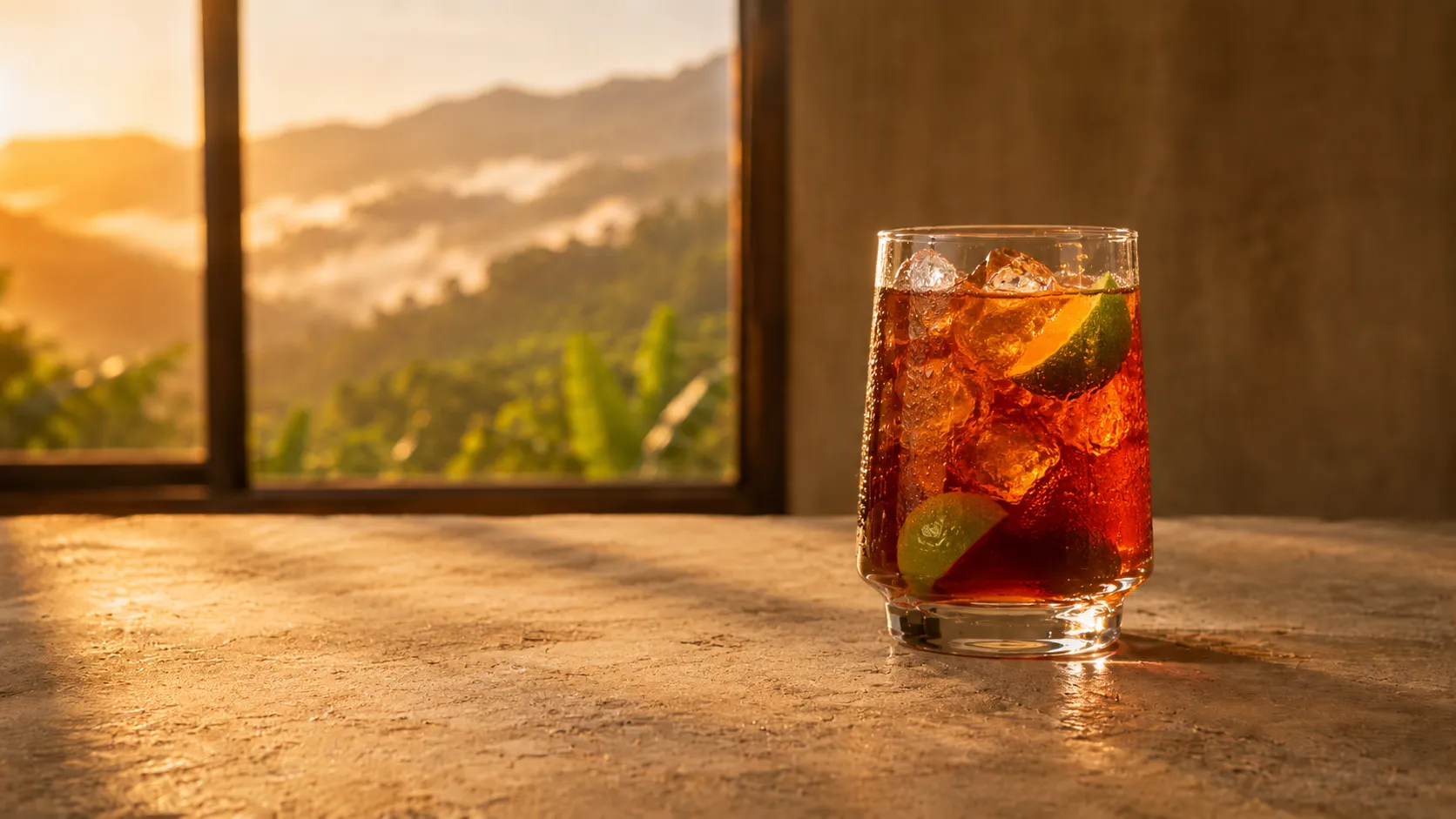 Ein Glas eiskaltes Cáscara-Getränk mit Eis und Limette, dahinter die Anden