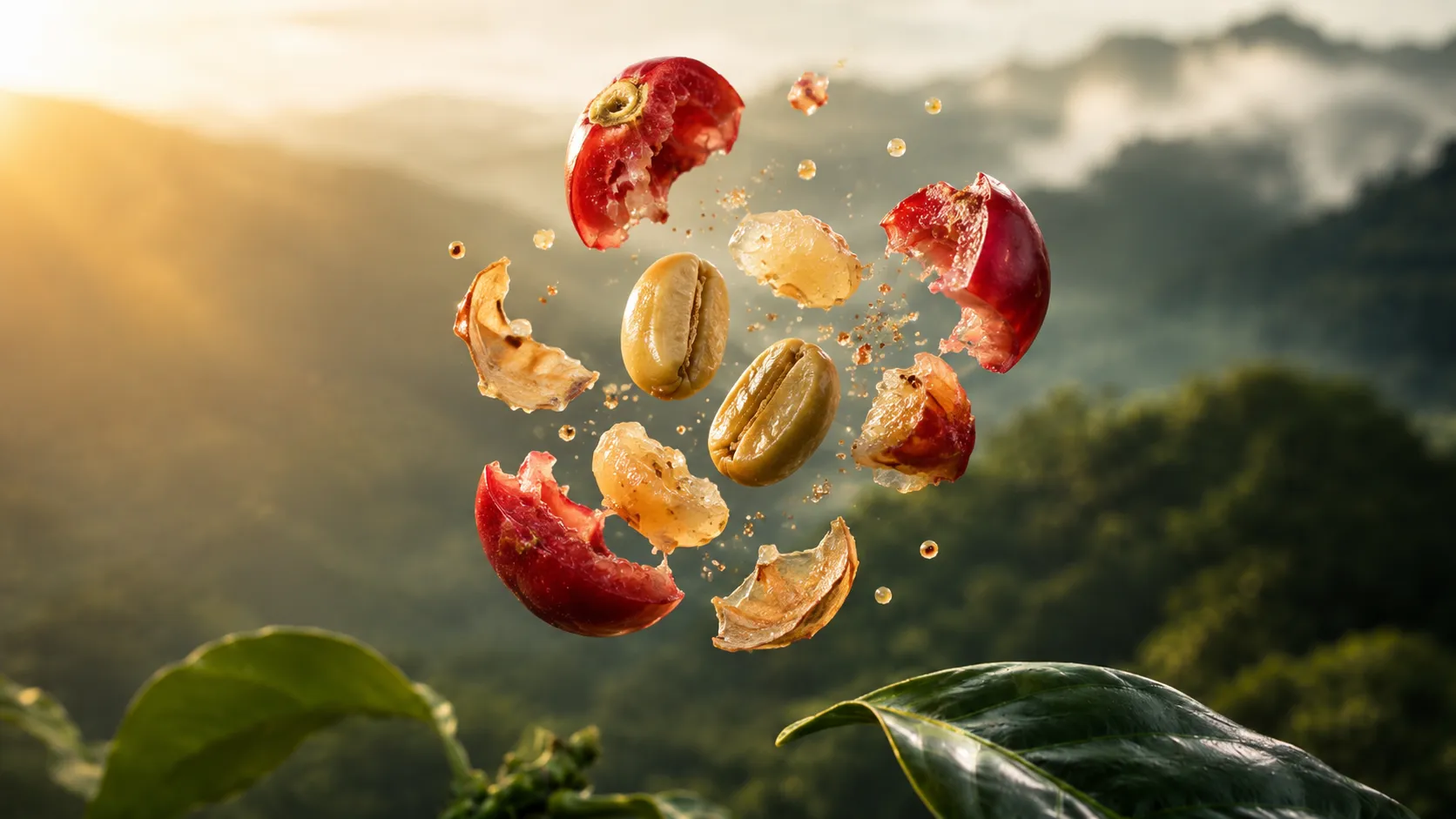 Die Kaffeekirsche zerlegt in ihre Bestandteile: Schale (Cáscara), Fruchtfleisch, Pergament und die grünen Kaffeebohnen