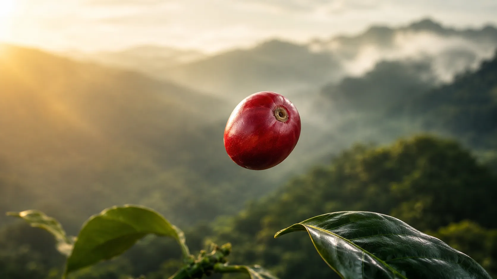 Reife Kaffeekirsche über den nebelverhangenen Anbauhöhen Perus